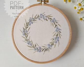 Forget-me-not Wreath embroidery pattern pdf + video tutorial, spring embroidery design, flowers hair clips, flowers embroidery ornament
