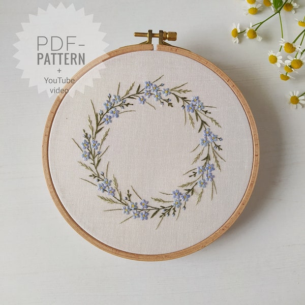 Forget-me-not Wreath embroidery pattern pdf + video tutorial, spring embroidery design, flowers hair clips, flowers embroidery ornament