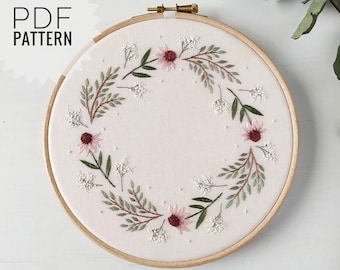 PDF Pattern/Embroidery Pattern/Detail instruction/Flower pattern/Botanical Collection/Digital Download/Flower ornament/Echinacea wreath