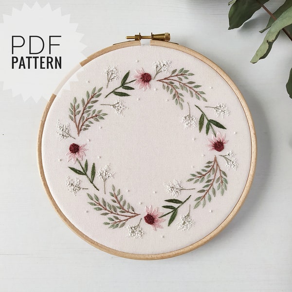 Patron PDF/Motif de broderie/Instructions détaillées/Motif de fleurs/Collection botanique/Téléchargement numérique/Ornement floral/Couronne d'échinacée