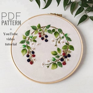 Blackberry wreath embroidery pattern + video tutorial, embroidery pattern pdf, embroidery wreath pattern, floral embroidery design