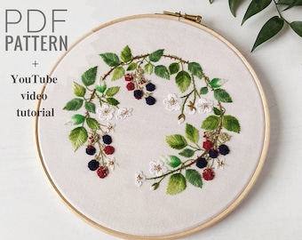 Blackberry wreath embroidery pattern + video tutorial, embroidery pattern pdf, embroidery wreath pattern, floral embroidery design