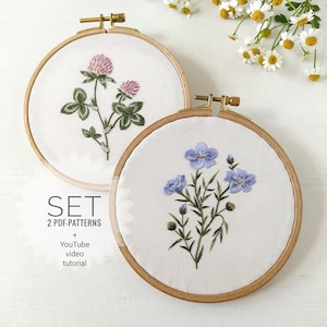 SET di 2 schemi di ricamo floreale + video tutorial, schema di ricamo per principianti pdf, schema di ricamo botanico, disegno di ricamo
