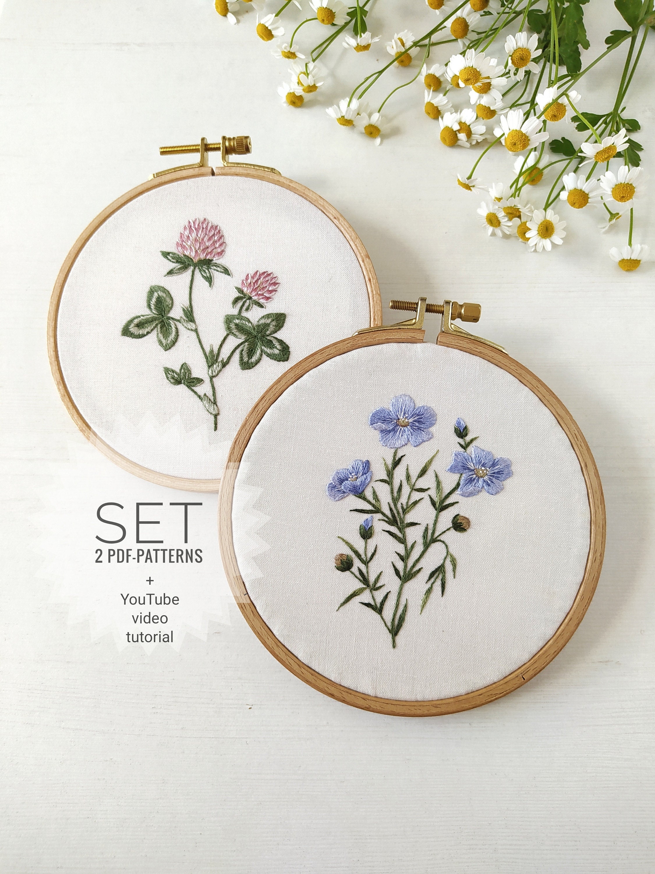 トップス MEDI VINTAGE FLOWER EMBROIDERY AMERI Floral Embroidery Pattern Set: Clover and Flax (PDF + Video) - Etsy