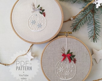 Modèle de broderie boule de Noël pdf + tutoriel vidéo, broderie d'hiver, flocons de neige, décoration de broderie de Noël, joie de houx