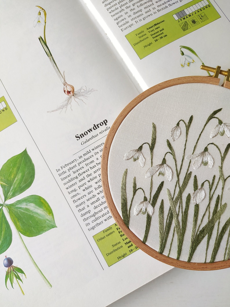 Puede incluir: Un primer plano de un aro de bordado de punto de aguja con un fondo blanco y un bordado verde y blanco de campanillas de invierno. El aro es de madera y tiene un acabado natural. El bordado es detallado y realista, con las campanillas de invierno representadas en plena floraci&oacute;n. El texto "Snowdrop" es visible en la esquina inferior izquierda de la imagen.