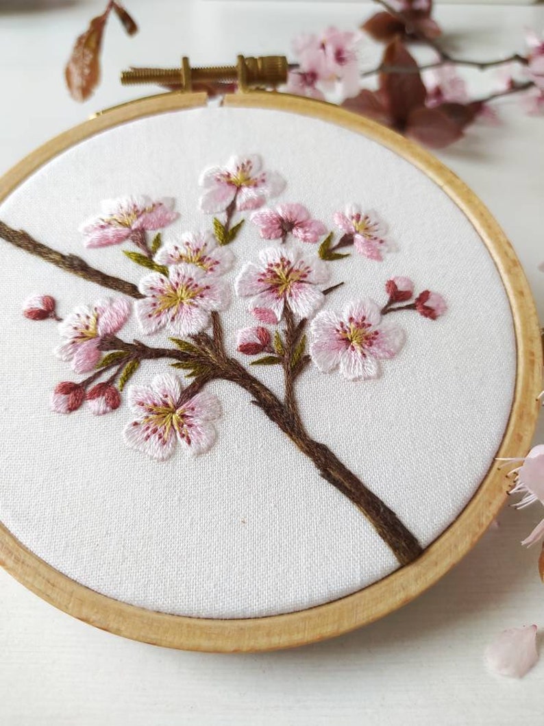 Cherry blossom embroidery pattern video tutorial, embroidery pattern pdf, botanical embroidery pattern, floral embroidery design image 2