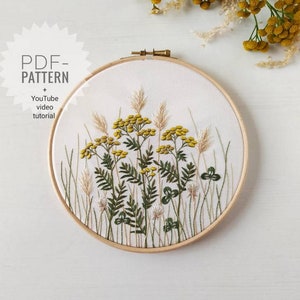 Tansy Meadow embroidery pattern pdf + video tutorial, wildflower pattern, botanical embroidery design, digital download, Mother's day, herbs