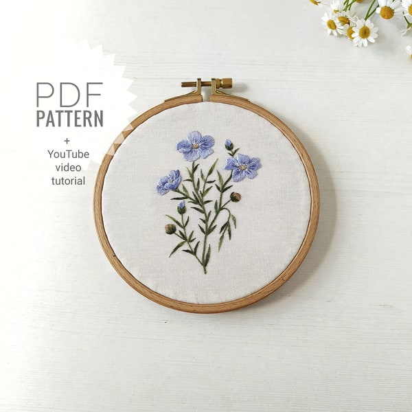 Flax embroidery pattern + video tutorial, embroidery pattern pdf, botanical embroidery pattern, floral embroidery design