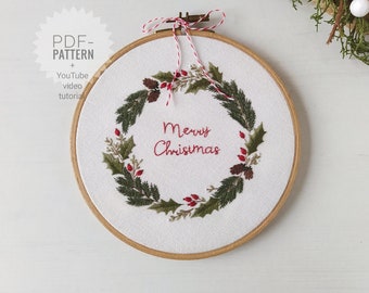 Christmas wreath embroidery pattern pdf + video tutorial, winter embroidery, Christmas flowers, Christmas embroidery ornament, holly joy