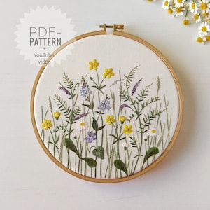 Floral meadow embroidery pattern pdf + video tutorial, floral pattern, botanical embroidery design, Mother's Day, wild flowers, herbs
