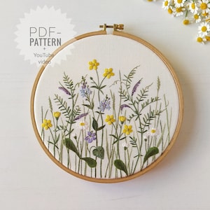 Borduurpatroon bloemenweide pdf + videotutorial, bloemmotief, botanisch borduurontwerp, Moederdag, wilde bloemen, kruiden