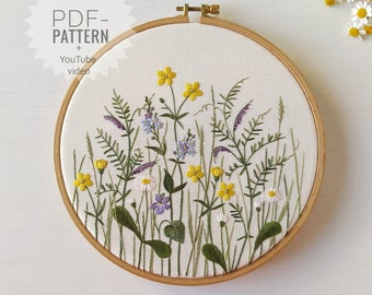 Floral meadow embroidery pattern pdf + video tutorial, floral pattern, botanical embroidery design, Mother's Day, wild flowers, herbs