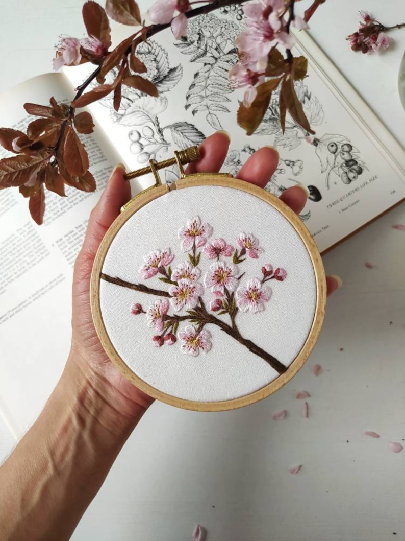 Cherry blossom embroidery pattern video tutorial, embroidery pattern pdf, botanical embroidery pattern, floral embroidery design image 4