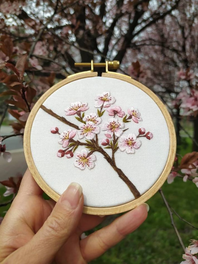 Cherry blossom embroidery pattern video tutorial, embroidery pattern pdf, botanical embroidery pattern, floral embroidery design image 6