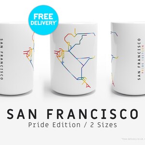SAN FRANCISCO / Pride Edition / Mugs / 2 Tailles / Illustration de carte minimaliste inspirée du système de métro et de train de San Francisco