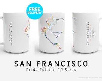 SAN FRANCISCO / Pride Edition / Mugs / 2 Sizes  / Minimalist map illustration inspired by San Francisco&#39;s subway and train system