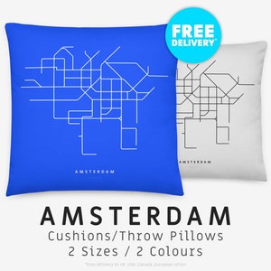 AMSTERDAM / Throw Pillow, Cushion / Illustration de carte minimaliste inspirée du réseau de transport de tramway et de métro d'Amsterdam, Pays-Bas