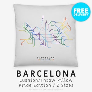 BARCELONA / Throw Pillow, Cushion / Pride Edition / Ilustración de mapa minimalista inspirada en la red de transporte del metro de Barcelona, España