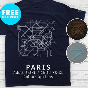 PARIS / T-shirt / Coton épais unisexe / Illustration de carte minimaliste inspirée du métro parisien et du système de transport en commun RATP