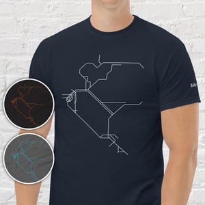 SAN FRANCISCO / T-shirt / Coton épais unisexe / Illustration de carte minimaliste inspirée de la carte des transports en commun de la région de la baie / Muni / CalTrain