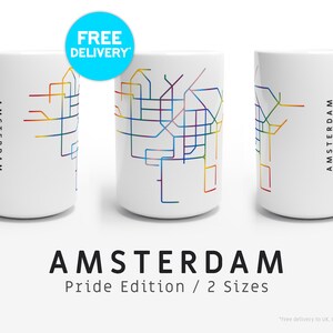 AMSTERDAM / PRIDE EDITION / Mugs / 2 Tailles / Illustration de carte minimaliste inspirée du réseau de transport métropolitain d'Amsterdam