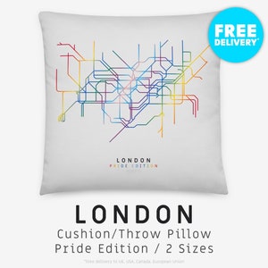 LONDRES / Throw Pillow, Cushion / Pride Edition / Ilustración de mapa minimalista inspirada en la red de metro de Londres, Inglaterra