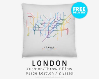 LONDON / Throw Pillow, Cushion / Pride Edition / Minimalist map illustration inspired by the underground tube network in London, England