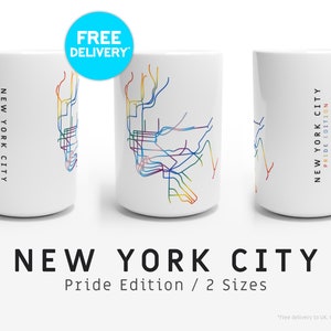 NEW YORK CITY / Pride Edition / Mugs / 2 Sizes / Minimalist map illustration inspired by New York's subway metro transport system image 1