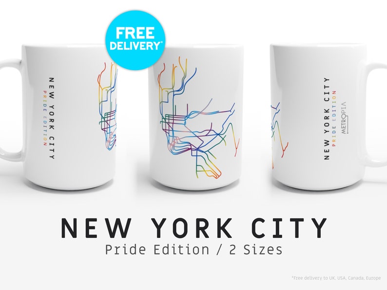 NEW YORK CITY / Pride Edition / Mugs / 2 Sizes / Minimalist map illustration inspired by New York's subway metro transport system image 1