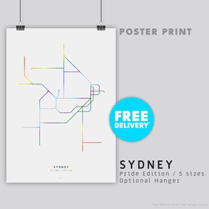 SYDNEY / PRIDE EDITION / ** Mise à jour pour 2025 ** Impression d'affiche / Minimaliste / Plan / Métro / Dessin au trait / Transport en commun / Transport / Lgbtqi / Gay