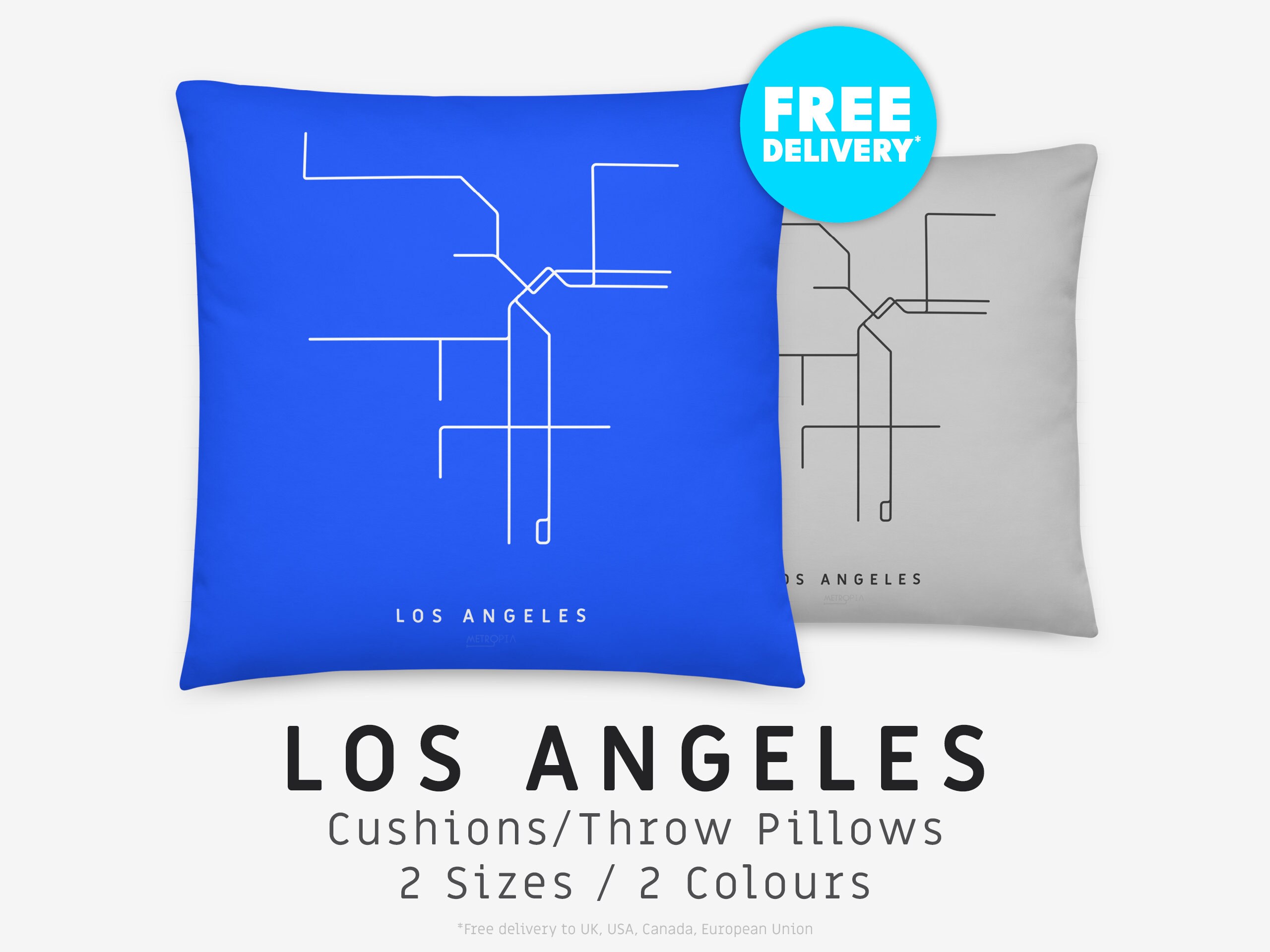 LOS ANGELES / Throw Pillow, Cushion / Minimalist map illustration inspired by the metro transit network in Los Angeles, LA, California, usa