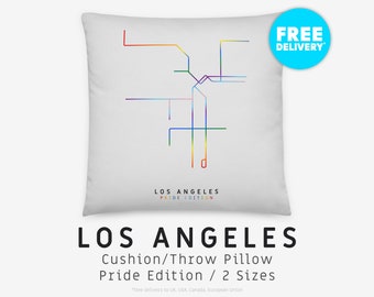 LOS ANGELES / Throw Pillow, Cushion / Pride Edition / Minimalist map inspired by the metro network in Los Angeles, California
