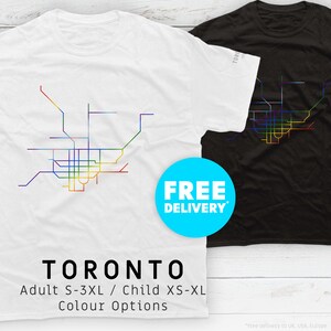 TORONTO / Éditions Pride / T-shirt / Coton épais unisexe / Illustration de carte minimaliste inspirée du métro et du tramway de la TTC