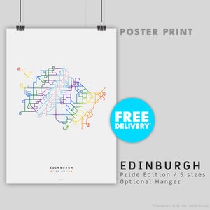 EDINBURGH / PRIDE EDITION / Poster Print / Minimalistische kaartillustratie geïnspireerd door het metrovervoersysteem van het busnetwerk van Edinburgh