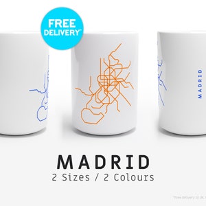 MADRID / Tassen / 2 Größen / Minimalistische Kartenillustration, inspiriert von Madrids U-Bahn- und Stadtbahn-Verkehrssystem