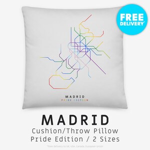 MADRID / Throw Pillow, Cushion / Pride Edition / Ilustración de mapa minimalista inspirada en la red de transporte del metro de Madrid, España