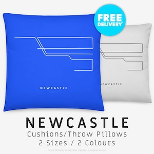 NEWCASTLE / Throw Pillow, Cushion / Ilustración de mapa minimalista inspirada en la red de transporte del metro en Newcastle, Inglaterra