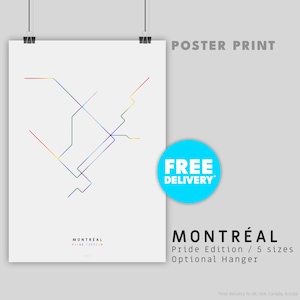 MONTRÉAL / Édition Fierté / Impression d'affiche / Illustration de carte minimaliste inspirée du réseau de transport métro STM de Montréal