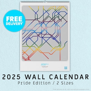 2025 Wandkalender / Pride / LGBTQ / Kaarten / Metro / Transit / Wereld / Steden / Maandelijks / 12 maanden / A3 / A4 / Letter / Ledger / Gay