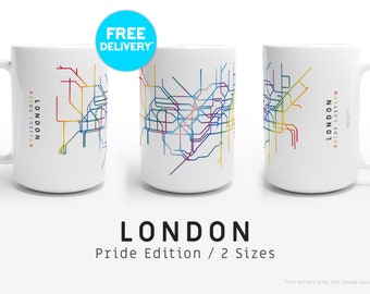 LONDON / PRIDE EDITION / Tassen / 2 Größen / Minimalistische Karten-Illustration inspiriert von der Londoner U-Bahn