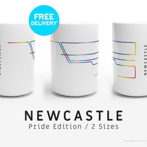 NEWCASTLE / PRIDE EDITION / Mugs / 2 tailles / Illustration de carte minimaliste inspirée du système de transport du métro de Newcastle