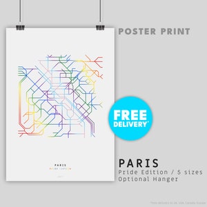 PARIS / PRIDE EDITION / Poster imprimé / Illustration de carte minimaliste inspirée du métro parisien et du système de transport ferroviaire