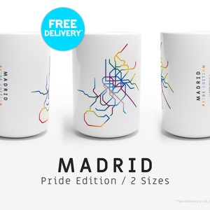 MADRID / PRIDE EDITION / Tassen / 2 Größen / Minimalistische Kartenillustration, inspiriert von Madrids U-Bahn- und Stadtbahn-Verkehrssystem