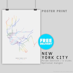 CIDADE DE NOVA IORQUE / Pride Edition / Impressão de pôster / Ilustração de mapa minimalista inspirada no sistema de transporte metropolitano mta de Nova York