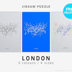 May include: A London subway map jigsaw puzzle with three color options: black and white, blue, and rainbow. The puzzle is available in four sizes.