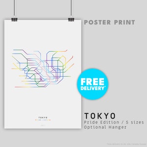 TOKYO / PRIDE EDITION / Affiche imprimée / Illustration de carte minimaliste inspirée du réseau de transports en commun du métro de Tokyo