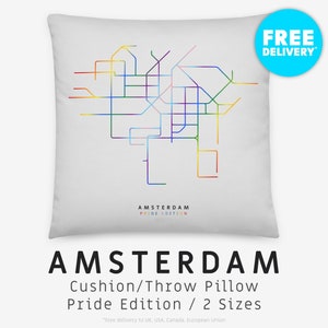 AMSTERDAM / Throw Pillow, Cushion / Pride Edition / Minimalist map inspired by the metro and tram transport network in Amsterdam