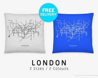 LONDON / Throw Pillow, Cushion   / Minimalist map illustration inspired by the underground tube network in London, England