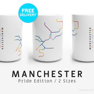 MANCHESTER / PRIDE EDITION / Mugs / 2 tailles / Illustration de carte au trait inspirée du système de tramway Metrolink de Manchester